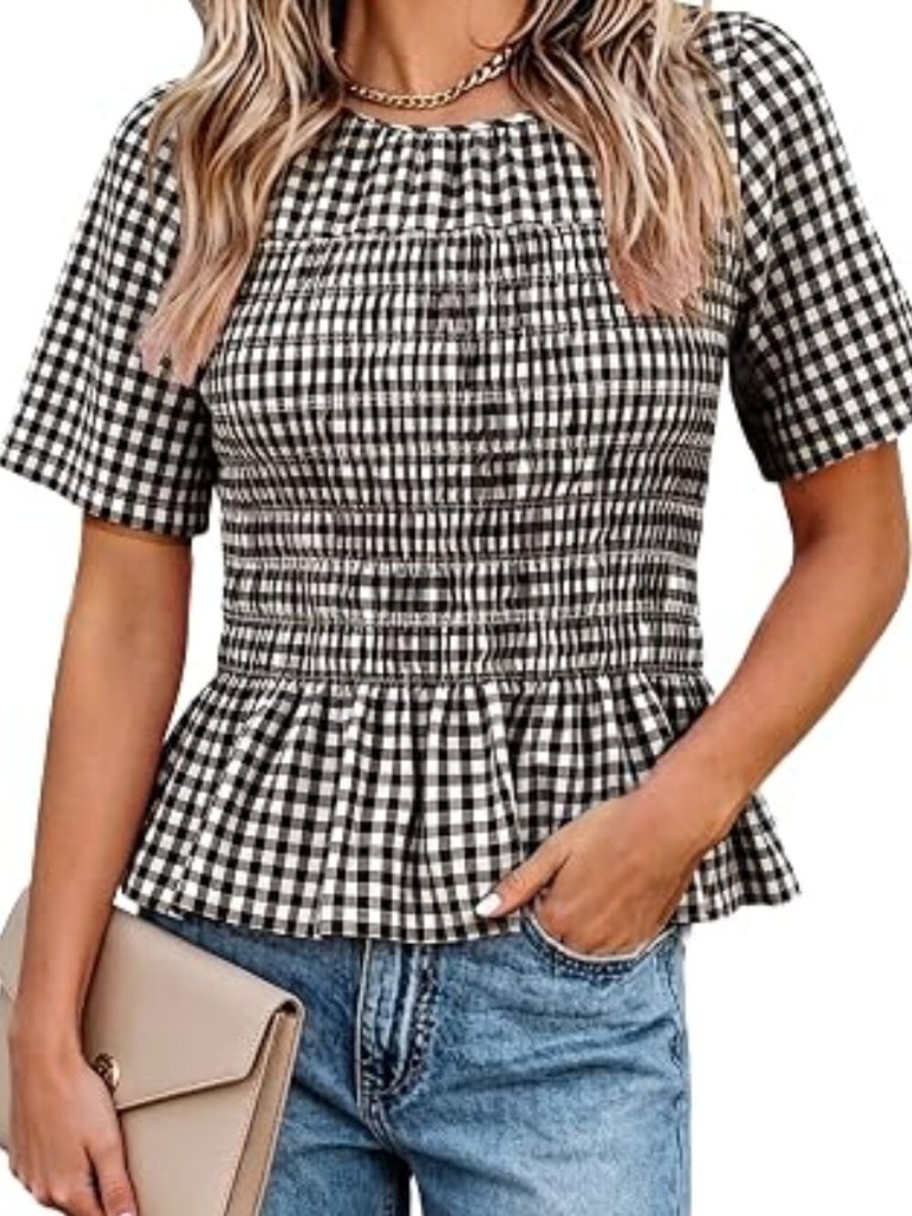 Watashi Women’s Gingham Smocked Peplum Blouse